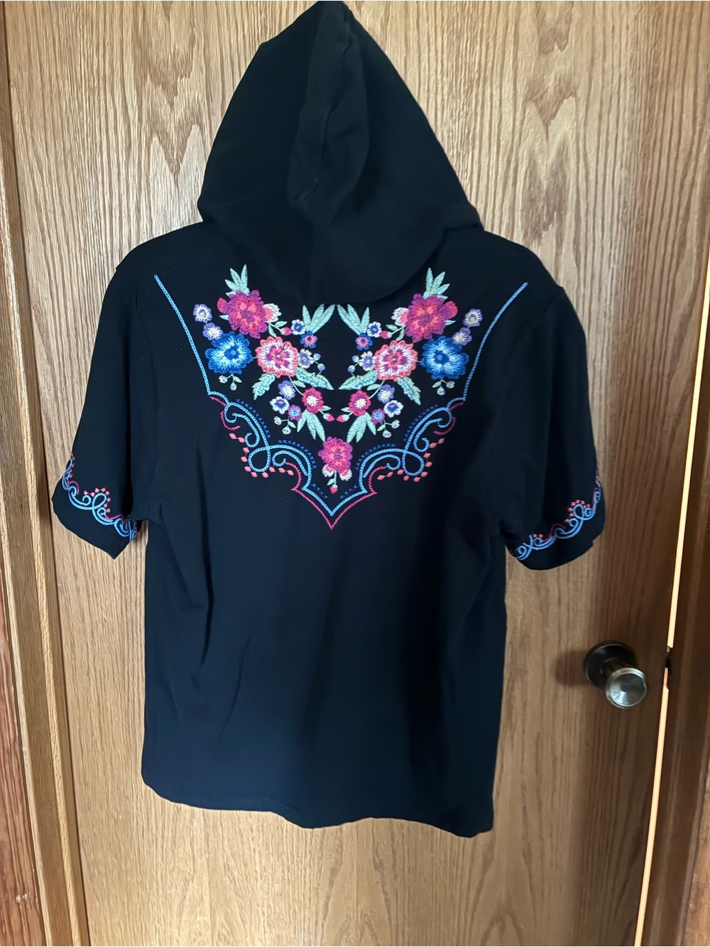 Johnny Was Black Short-Sleeve Hooded Top with Pink & Blue Floral Embroidery